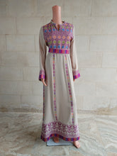 Load image into Gallery viewer, Palestinian Thobe Dress Tatreez Beige with Purple headpiece included.