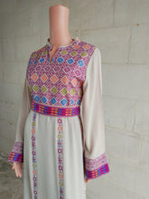 Load image into Gallery viewer, Palestinian Thobe Dress Tatreez Beige with Purple headpiece included.