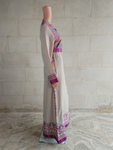 Load image into Gallery viewer, Palestinian Thobe Dress Tatreez Beige with Purple headpiece included.