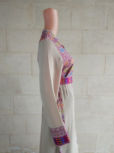 Load image into Gallery viewer, Palestinian Thobe Dress Tatreez Beige with Purple headpiece included.