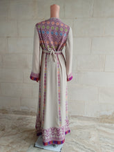 Load image into Gallery viewer, Palestinian Thobe Dress Tatreez Beige with Purple headpiece included.