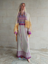 Load image into Gallery viewer, Palestinian Thobe Dress Tatreez Beige with Purple headpiece included.