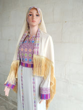 Load image into Gallery viewer, Palestinian Thobe Dress Tatreez Beige with Purple headpiece included.