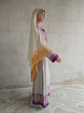 Load image into Gallery viewer, Palestinian Thobe Dress Tatreez Beige with Purple headpiece included.