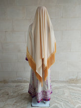 Load image into Gallery viewer, Palestinian Thobe Dress Tatreez Beige with Purple headpiece included.