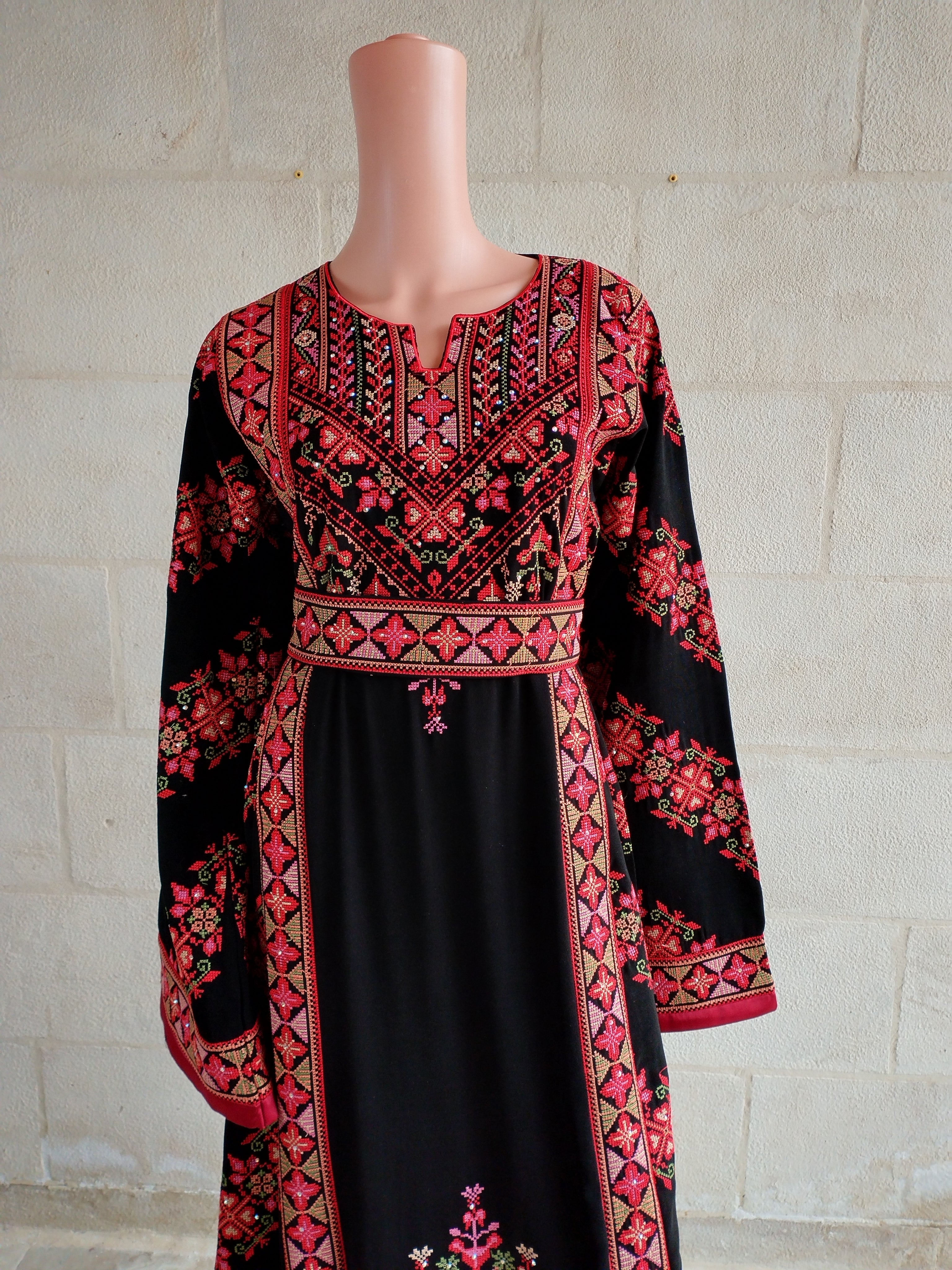 Palestinian Thobe Tatreez Dress Red and Black Embroidery connect   Ramallahembroidery
