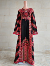 Load image into Gallery viewer, Palestinian Thobe Tatreez Dress Red and Black Embroidery connect