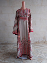 Load image into Gallery viewer, Palestinian Thobe Tatreez Dress Beige and Red Embroidery connect
