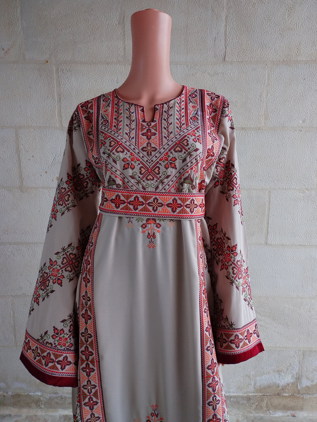 Palestinian Thobe Tatreez Dress Beige and Red Embroidery connect