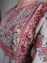 Load image into Gallery viewer, Palestinian Thobe Tatreez Dress Beige and Red Embroidery connect
