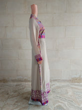 Load image into Gallery viewer, Palestinian Thobe Dress Tatreez Beige with Purple headpiece included.
