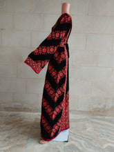 Load image into Gallery viewer, Palestinian Thobe Tatreez Dress Red and Black Embroidery connect
