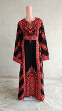 Load and play video in Gallery viewer, Palestinian Thobe Tatreez Dress Red and Black Embroidery connect
