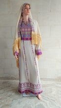 Load and play video in Gallery viewer, Palestinian Thobe Dress Tatreez Beige with Purple headpiece included.
