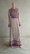 Load and play video in Gallery viewer, Palestinian Thobe Dress Tatreez Beige with Purple headpiece included.
