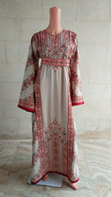 Load and play video in Gallery viewer, Palestinian Thobe Tatreez Dress Beige and Red Embroidery connect
